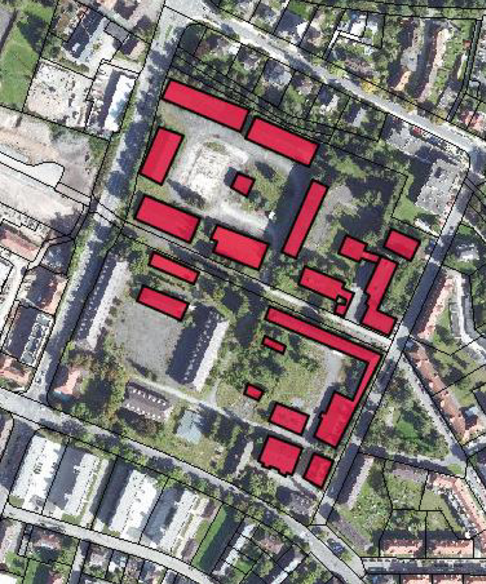 Plan des Geländes Oberer Brühl mit Kennzeichnung der abzubrechenden Gebäude und Anlagen