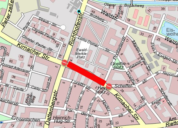 Der Kartenausschnitt aus dem Stadtplan zeigt den Bereich, wo die Straße gesperrt sein wird.