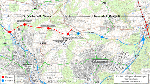 Kartenauszug von Villingen-Schwenningen mit möglichem Trassenverlauf der B 523