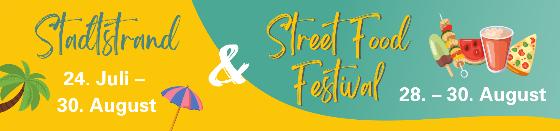 Banner mit Veranstaltungshinweis: „Stadtstrand 24. Juli–30. August“ und „Street Food Festival 28.–30. August“, sommerliche Motive wie Palme, Sonnenschirm sowie Illustrationen von Getränken, Pizza und Eis.